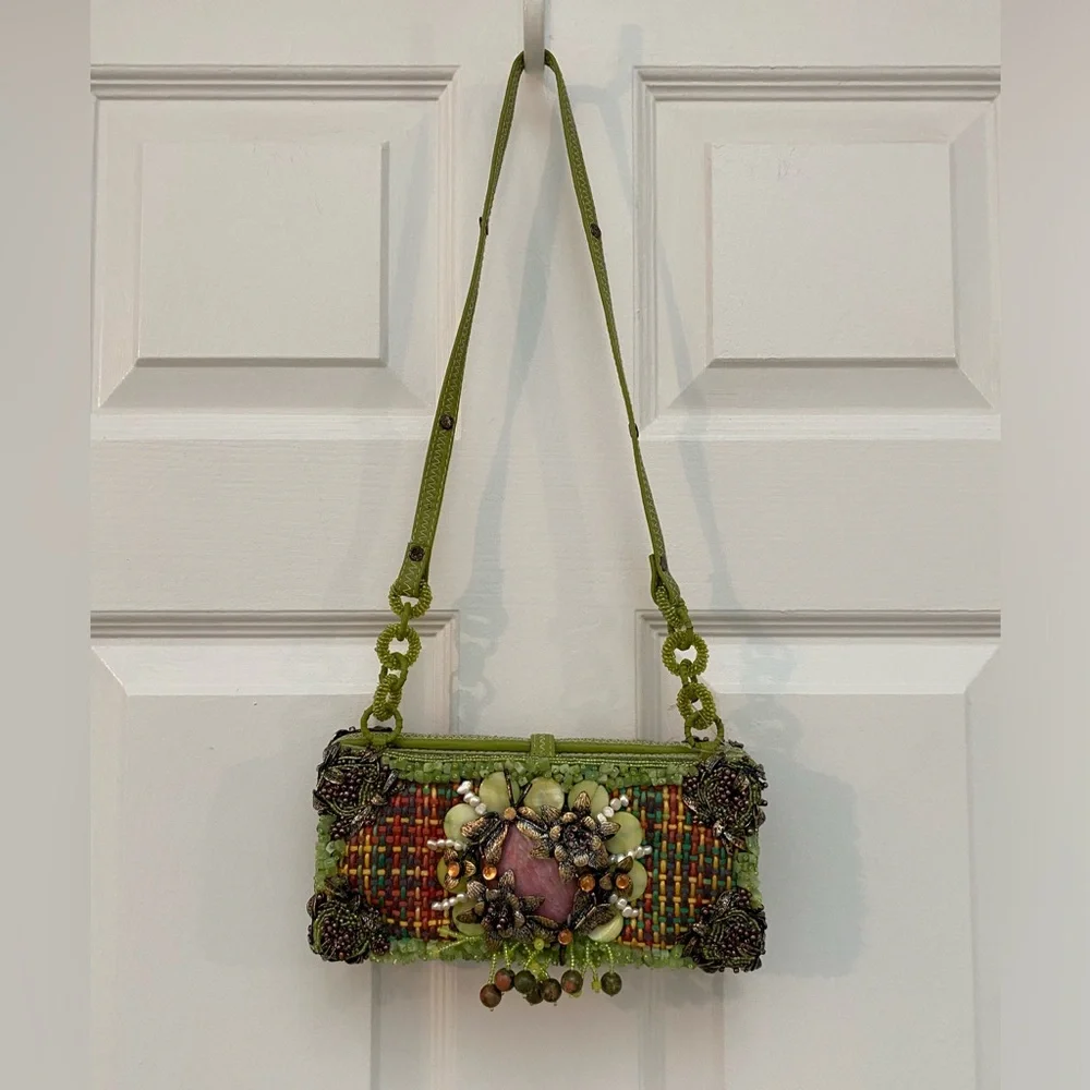 NWT! Mary Frances Green Beaded Bejeweled Collectible Floral & Plaid Shoulder Bag